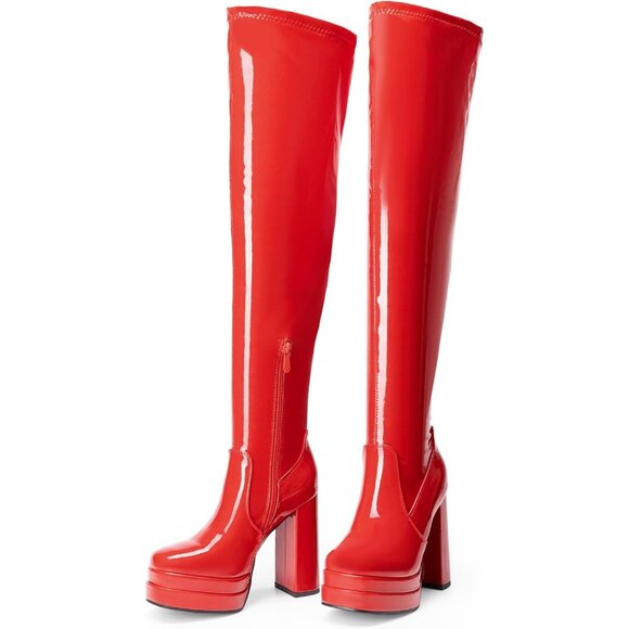 Women's Red-pat Polyurethane (PU) Square Toe Over The Knee Thigh High Boots - Picture 4 of 7